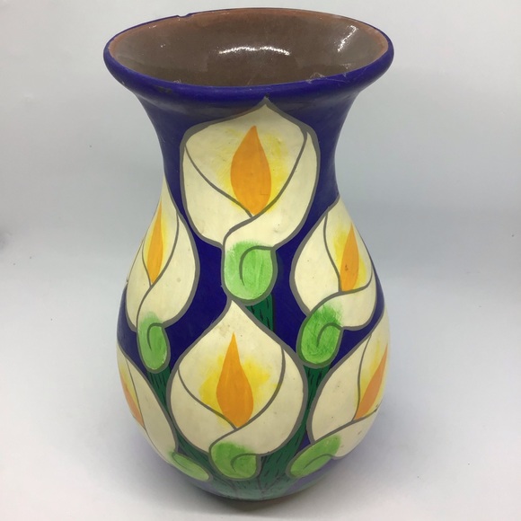 Vtg Mexican Blue Calla Lily Flower Hand Painted Red Clay Vase Pottery Folk Art - Picture 3 of 7